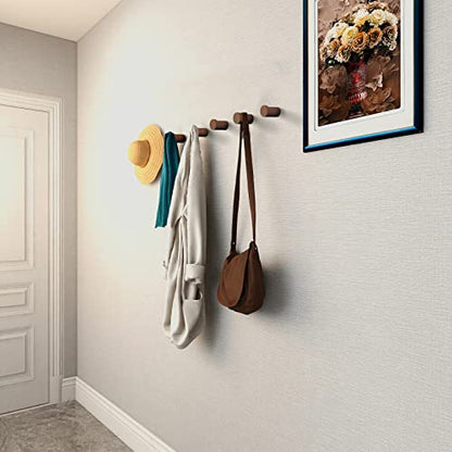 Wood Wall Hooks 6 Pack, Natural Wooden Coat Hooks Wall Mounted, Handmade Rustic Hat Hooks Heavy Duty Entryway Wall Hangers for Hanging Towels, Clothes, Bags (Black Walnut Wood)