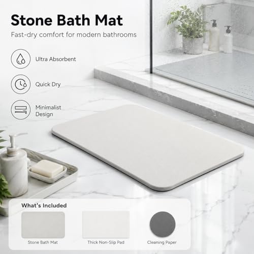 Stone Bath Mat Quick Dry, Diatomaceous Earth Bath Mat Non Slip Absorbent Floor Mat, Diatomite Stone Drying Mat for Bathroom Comes with Non-slip Pad and Sandpaper (Off-White, 24" x 15.5" x 0.4")