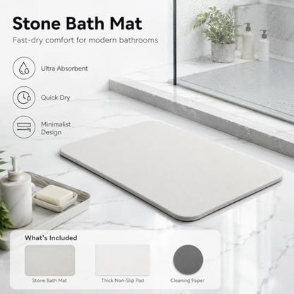 Stone Bath Mat Quick Dry, Diatomaceous Earth Bath Mat Non Slip Absorbent Floor Mat, Diatomite Stone Drying Mat for Bathroom Comes with Non-slip Pad and Sandpaper (Off-White, 24" x 15.5" x 0.4")