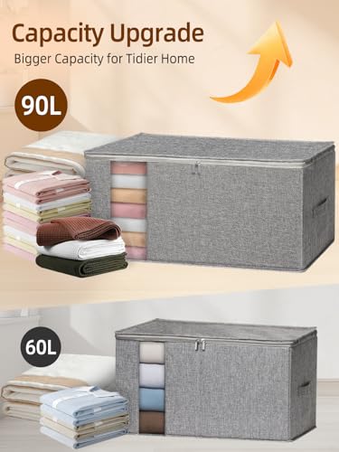 90L Rigid-Structured King Size Comforter Storage Bag, 2 Pack, Gray | Rigid Sides & Bottom, Stackable & Foldable Design, for King Quilts, Bedding, Pillows and Clothes, Closet & Dorm Organization