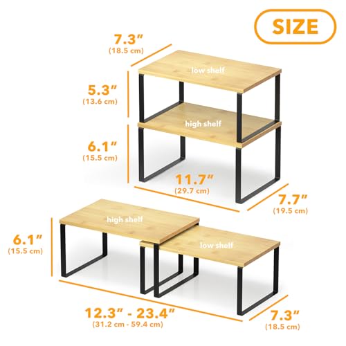Cabinet Shelf Organizers 2 Pack, Kitchen Counter R... (Black + Natural | Bamboo)
