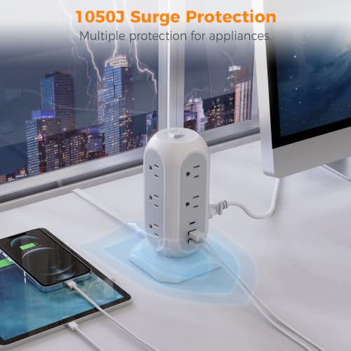 TESSAN Tower Power Strip Flat Plug with 1050J Surge Protection, 6 Ft, Grey | 11 Outlets 3 USB (1 USB C), Surge Protector Power Tower, Extension Cord with Multiple Outlets, Dorm, Office Desk Supplies