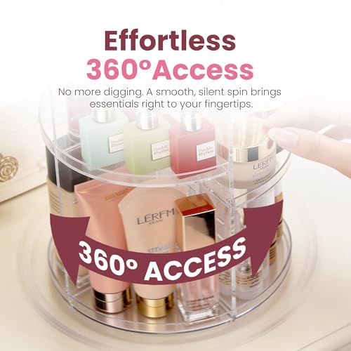 Masirs 360 Rotating Makeup Organizer Countertop, Adjustable Shelf, Clear | 360-Degree Rotating Makeup Organizer, Adjustable Shelf Height, Cosmetic Perfume Skincare Storage, Vanity Countertop, Clear