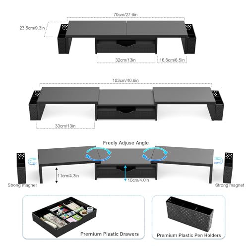 Dual Monitor Stand Riser with Drawer and 2 Pen Holders | Monitor Riser Desk Organizers and Accessories,Desk Accessories & Workspace Desktop Organizers for Office Supplies (Black)