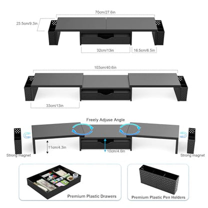 Dual Monitor Stand Riser with Drawer and 2 Pen Holders | Monitor Riser Desk Organizers and Accessories,Desk Accessories & Workspace Desktop Organizers for Office Supplies (Black)