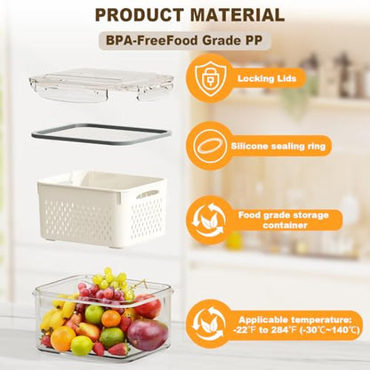 4 Pcs Fruit Storage Containers for Fridge (with Drain Basket) - Leak-Proof Food Containers, BPA-Free, Keep Fruits, Vegetables, Berries, and Meats Fresh for a Long Time, Dishwasher and Microwave Safe