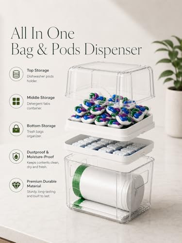 Trash Bag Dispenser & Dishwasher Pods Organizer, Clear Acrylic Garbage Bag Holder Under Sink Organizer With Removable Lid, Laundry Pods Container for Kitchen Pantry Laundry Room (3IN1 Dispenser)