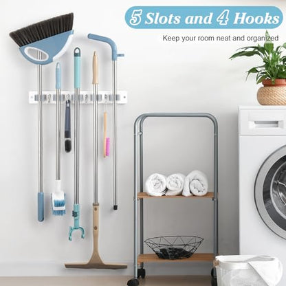 White Broom Holder Wall Mount - Heavy Duty Wood Mop and Broom Organizer with 5 Slots & 4 Hooks - Garden Tool Hanger for Laundry Room Closet Kitchen Garage Storage and Organization - Modern Home Decor