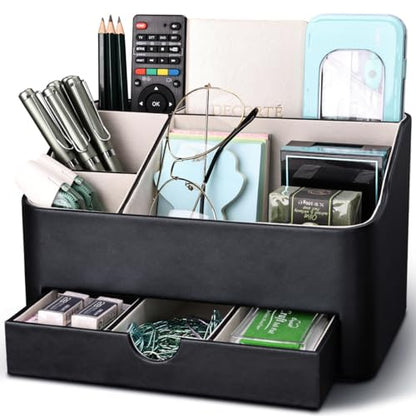 Desk Organizer with Drawer, Multifunction Pencil Holder for Desk, Desk Organizer and Accessories 5 Compartments for Home Office Supplies (Black)