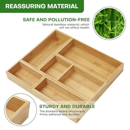 Bamboo Drawer Organizer Set, Individual Wood Storage Organizers | 5 PCS Multi-Use Junk Drawer Divider, Storage Trays Containers for Kitchen, Bathroom, Office Desk, Makeup, Jewelry, Utensils