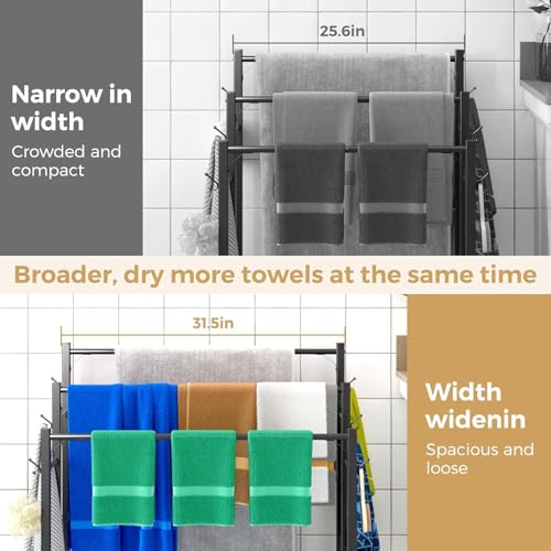 3 Tier Towel Rack with Large Storage & 6 Hooks, Blanket Rack for Oversized Bath Towels, Free Standing Pool Towel Rack Stand for Bathroom Pool Indoor/Outdoor, 35.8" H x 31.5" L x 11.8" W