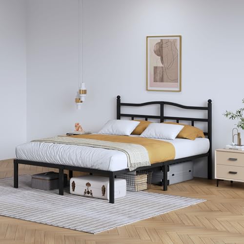 14 Inch Metal Bed Frame - Queen Size Heavy Duty Bedframe with Headboard Black Basic Steel Slats Platform No Box Spring Needed/Easy Assembly/Noise Free