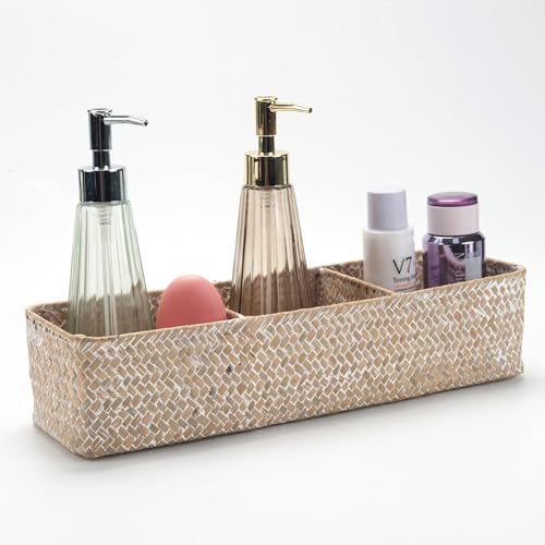Seagrass Storage Basket for Bathroom, Wicker Toilet Basket Tank Topper, Woven Storage Box for Organizing (Whitewash, 14.6" x 4.7" x 3.1")