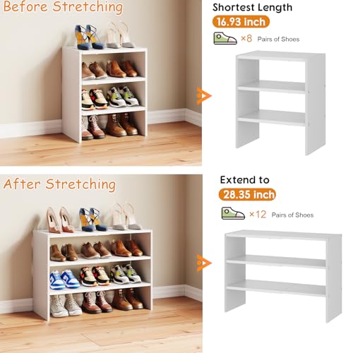 3-Tier Expandable White Shoe Rack Organizer for Closet, Stackable Shoe Racks Storage Shelf, Small Metal Wood Combination Shoe Shelves for Closets,Entryway,Front Door, Narrow Space,Hallway,8-16 Pairs