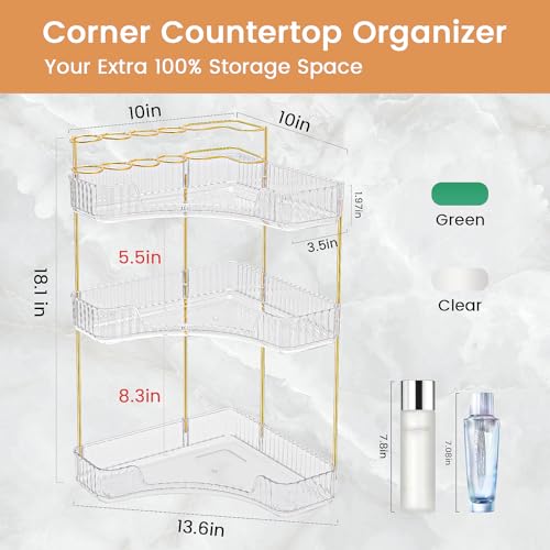Makeup Organizer 3 Tier Bathroom Counter Organizer with Makeup Brush Holder | Corner Bathroom Organizer Countertop, Acrylic Counter Storage for Bathroom Dresser, Skincare Perfume Organizer- Clear