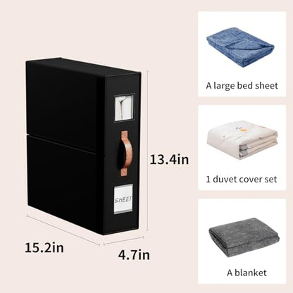 4 Pack Bed Sheet Storage Organizers，Premium Fabric Closet Organizer with Clear View Window, Space-Saving Foldable Design for Queen/King Size Bedsheets, Blankets & Duvet Covers