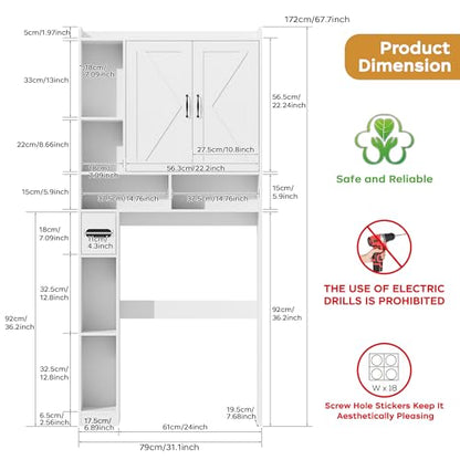 Over the Toilet Storage Cabinet, 31”W Bathroom Organizer | With Double Doors, Above Toilet Rack, Detachable Toilet Paper Holder for Bathroom & Laundry Room White