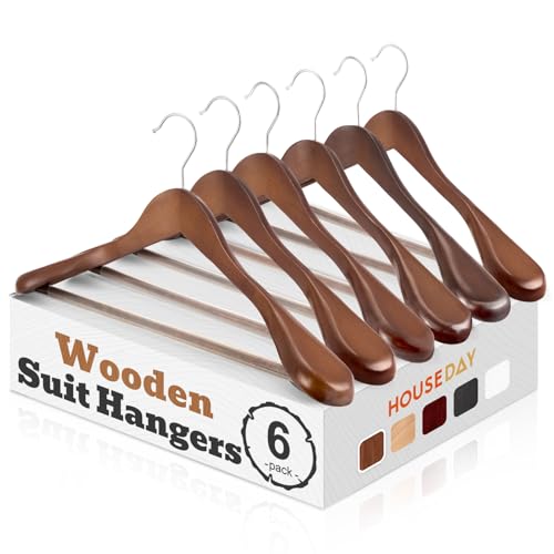 HOUSE DAY Wide Shoulder Wooden Hangers, Suit Hangers with Non Slip Pants Bar, Smooth Finish 360° Swivel Hook Solid Wood Coat Hangers for Dress, Jacket, Pants, Heavy Clothes Hangers 6 Pack (Walnut)