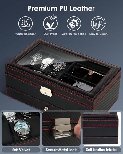 Watch Jewelry Box Organizer, 6-Slot 2-Layer Watch Case and Sunglasses Storage with Large Glass Lid, Men's Jewelry Box with Lock, Watch Holder Display Case, Fathers Day Gift for Dad