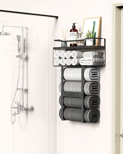 Aetyord Towel Racks for Bathroom Wall Mounted Towel Storage Organize | Towel Storage with Wood Shelf & Metal Basket,Fit for Small Bathroom,Camper,Rv,All Black