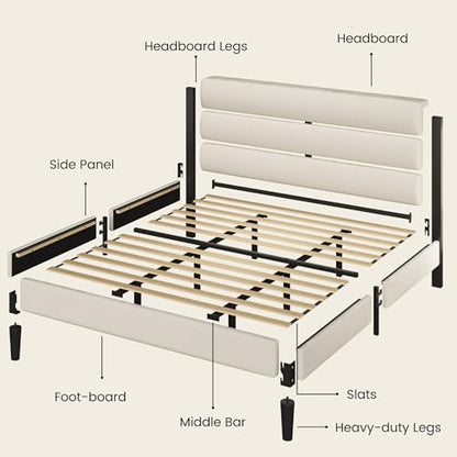 King Size Bed Frame, Platform Bed Frame with Velvet Upholstered Headboard, No Box Spring Needed, Sturdy Metal Support, Noise Free, Easy Assembly, Beige
