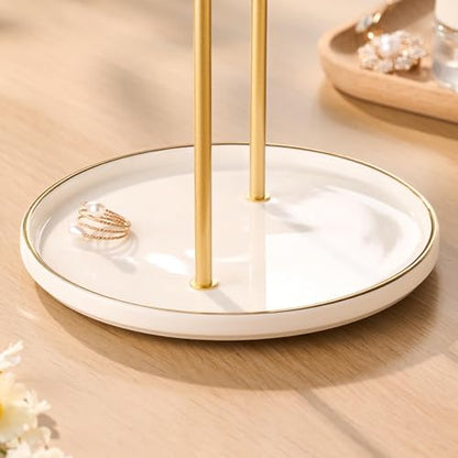 Jewelry Stand with Ceramic Tray, Necklace Holder, Gold Bar White Base | Ceramic Base, Gift for Women & Girls, Hanging Necklace Organizer Tree, Earrings, Bracelets, Rings, small
