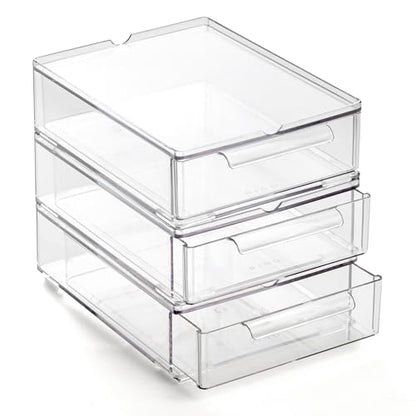 BINO | Clear Stackable Storage Drawers, Small - 3 Pack | Clear Storage Drawers with Built-In Handles | Durable Plastic Organizer Drawer | Modular Stackable Drawer Acrylic Organizer