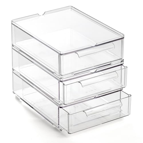 Clear Stackable Storage Drawers, Small - 3 Pack (Clear | Plastic)