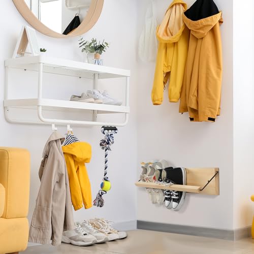 2 Pcs Wall Mounted Shoe Rack Organizer Wooden Modern Compact Wall Space Saving Shoe Holder Storage for Sneaker Footwear Slipper Boots Entryway Narrow Spaces Hallway(28.35'' Long)