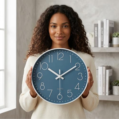 12 Inch Silent Non-Ticking Battery Operated Quality Quartz Round Wall Clock Modern Decor Clock for Home Office Bedroom Bathroom(Cerulean/Blue Color)