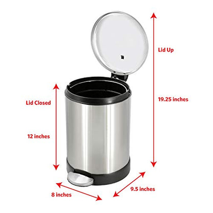 Glad Small Trash Can, 1.2 Gallon | Round Stainless Steel Garbage Bin with Soft Close Lid & Step Foot Pedal | Metal Waste Basket with Removable Inner Bucket, Stainless, 8 x 9.5 x 12 inches