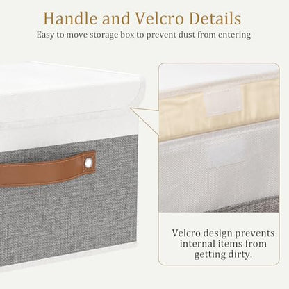 OUTBROS Large Foldable Storage Bins, 13x9.1x7.9 inch (White/Grey, 1-Pack) | Linen Fabric Box with Lid, Organiser for Shelves, Cubes For Towels, Clothes
