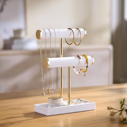 bussdis 2 Tier Bracelet Holder Display, Necklace Holder Organizer, White | Velvet Necklace Holder | Jewelry Tree | Jewelry Towers | Jewelry Stand Organizer for Necklaces, Bracelets, Earrings, Rings