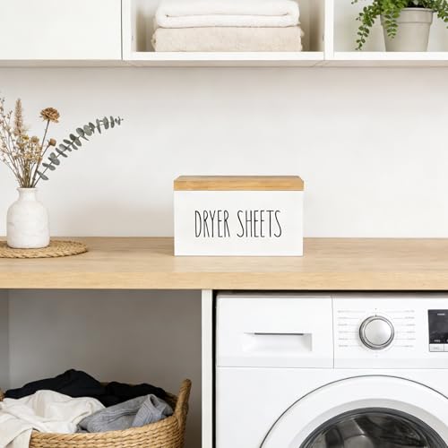 Dryer Sheet Holder, Laundry Wooden Container Holds 180 Sheets, White | Dust & Moisture Proof Sealed Lid, Printed Label Dispenser, Multi-use Storage for Softener Pods, Farmhouse Laundry Room Decor