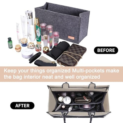Purse Organizer Insert for LV On The Go MM Dior Medium Book Tote,Gray | Felt Bag Organizer with Cover, 9 Sections, Zipper Pocket, Water Bottle Holder, Handbag Shaper, Keeps Shape, Easy Access