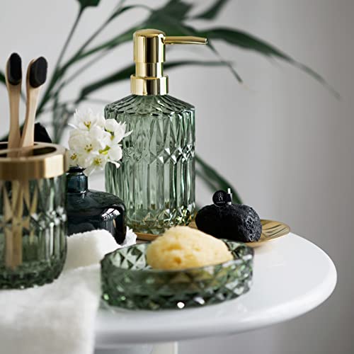 6PCS Bathroom Clear Glass Accessories Set (Lotion Soap Dispenser, Soap Dish, Toothbrush Holder, Tumbler, Cotton Swab Jar), Contemporary Modern Decor Crystal Vintage Gift (6pcs Green)
