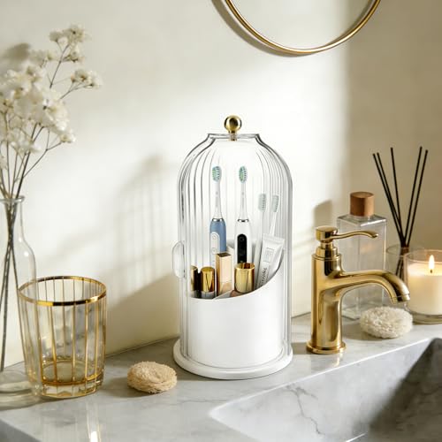 Bathroom Toothbrush Holder Organizer, 360° Rotating Toothbrush Storage Caddy with Dustproof Cover, Countertop Toothpaste Holder for Electric Toothbrushes, Makeup Brushes
