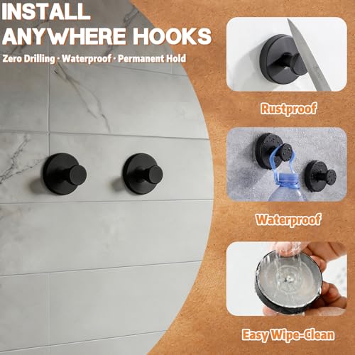 2026 Upgraded Drill-Free Suction Cup Hooks, Stainless Steel Shower Hooks for Bathroom, Glass, Mirror & Wall, Heavy Duty Towel Holder, Removable Waterproof Hooks(2BLACK)