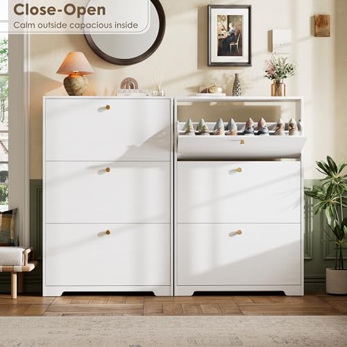 Shoe Cabinet with 3 Flip Drawers, Narrow Shoe Organizer Cabinet, Freestanding Shoe Rack Cabinet, Modern Shoe Storage Cabinet for Entryway, Hallway, Foyer, White