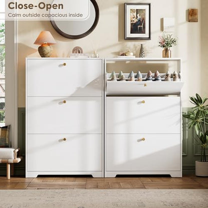 Shoe Cabinet with 3 Flip Drawers, Narrow Shoe Organizer Cabinet, Freestanding Shoe Rack Cabinet, Modern Shoe Storage Cabinet for Entryway, Hallway, Foyer, White