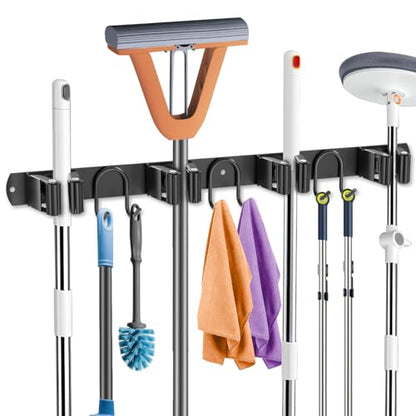 Broom Holder Wall Mount, Stainless Steel Mop Hanger with 4 Slots 6 Hooks, Tool Storage Wall Organizer for Kitchen Garden Garage Laundry Room Bathroom and RV, Black 1-Pack