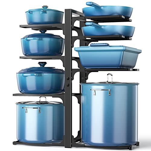 Pots and Pans Organizer Under Cabinet 20.8", 8-Tier Adjustable Black | 2 DIY Modes, Tool-Free Assembly, Max 120 Lbs, Fits Large Stockpots, Cast Iron Pans & Heavy Cookware, For Kitchen Cabinets