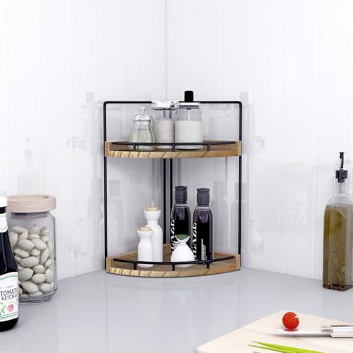Dorhors Corner Bathroom Counter Organizer,Vanity Countertop Storage Shelf | 2-Tier Rustic Brown Rack Holder for Skincare,Perfume,Makeup,Lotion,Wood Sink Tray Stand for Kitchen,Restroom,Dresser