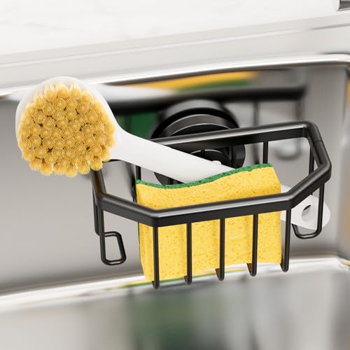 TAILI Sponge Holder for Kitchen Sink with Strong Suction Cup-Black | Removable Sink Caddy for Kitchen Sink Oganizer, Rustproof Aluminum Sink Sponge Holder for Scraper Brushes, Stoppers
