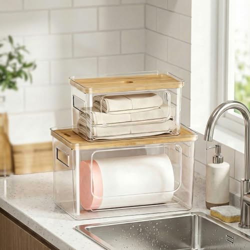 2 Pack Trash Bag Dispenser with Anti-Slip Pads (XL+S) - Stackable Garbage Bag Dispenser with Bamboo Lid and Anti-Slip Bottom, Laundry Room, Pantry, Under Sink Organizer and Storage