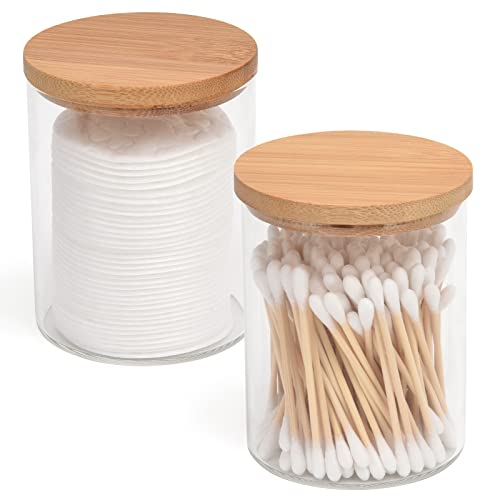 BKYFPQ 2 Pack Glass Qtip Holder Dispenser for Cotton Ball,Swab,Pads,Floss | Apothecary Jars with Lids,Vanity Makeup Organizer and Bathroom Canister Storage Organizer
