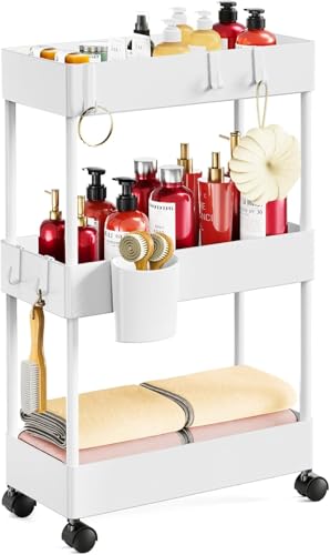 Slim Storage Cart with Wheels, Bathroom Cart Organ... (White | Plastic)