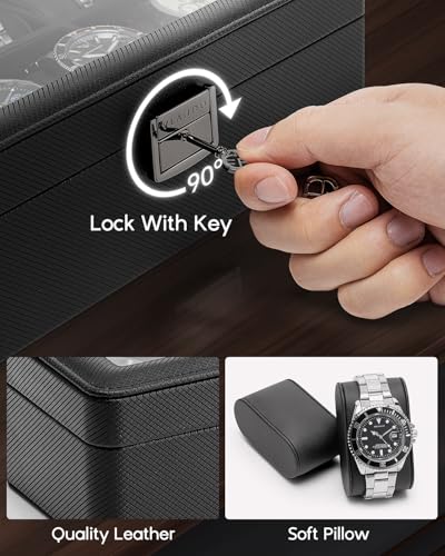VLANDO Watch Case for Men,6-Slot Lockable Watch Box for Men with Glass Lid