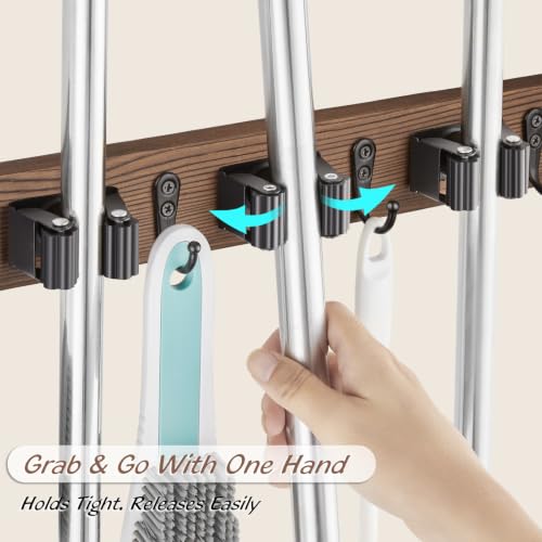 OUTNILI Over the Door Broom and Mop Holder, Wood Broom Organizer with 4 Slots and 4 Hooks, No Drilling Door Mount Tool Rack for Laundry Room, Garage, Closet, Kitchen, Rustic Cleaning Tool Storage