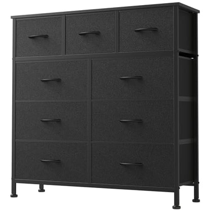 DUMOS 9 Drawer Dresser for Bedroom, Chest of Drawers | Fabric Storage Organizer, Sturdy Metal Frame Wooden Top, Closet Entryway Guest Room, Matte Black
